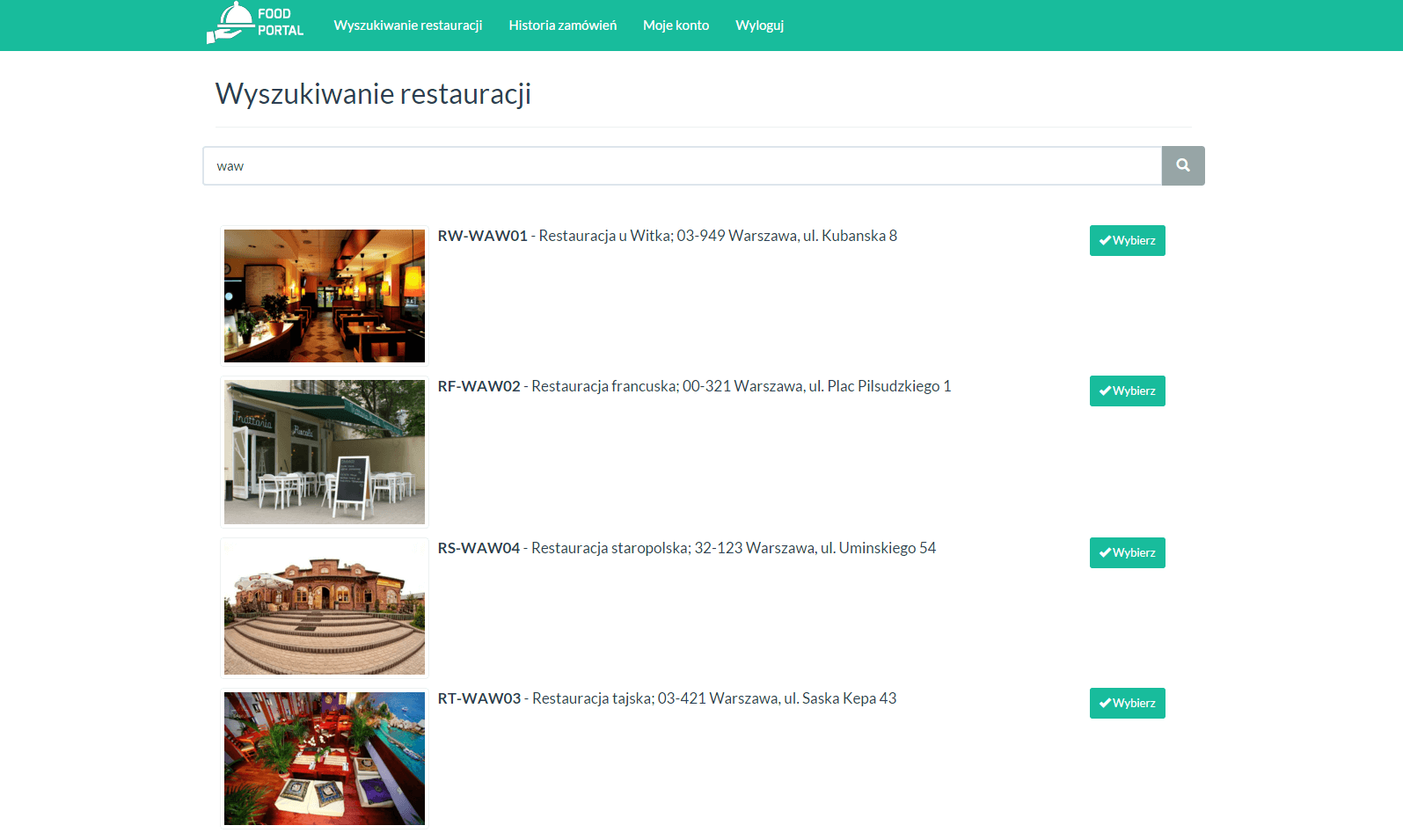Wyszukiwanie restauracji rezultaty
