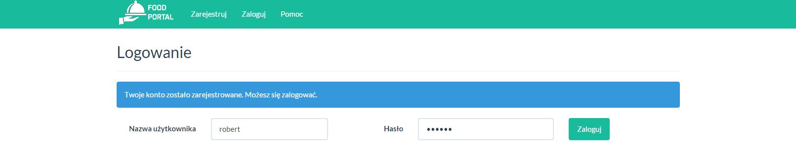 Ekran logowania po rejestracji